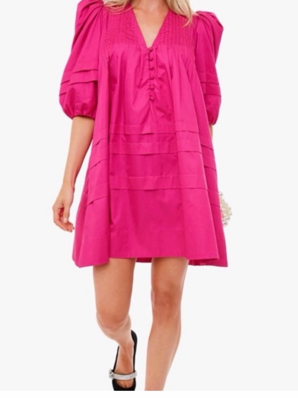 HUNTER BELL Hot Pink Puff-Sleeve V-Neck Mini Dress
